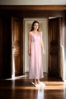 Stylish Baby Pink Silk Western Dress with Front Drape Design, Sleeveless Silhouette, Round Neckline & Princess-Cut Detailing