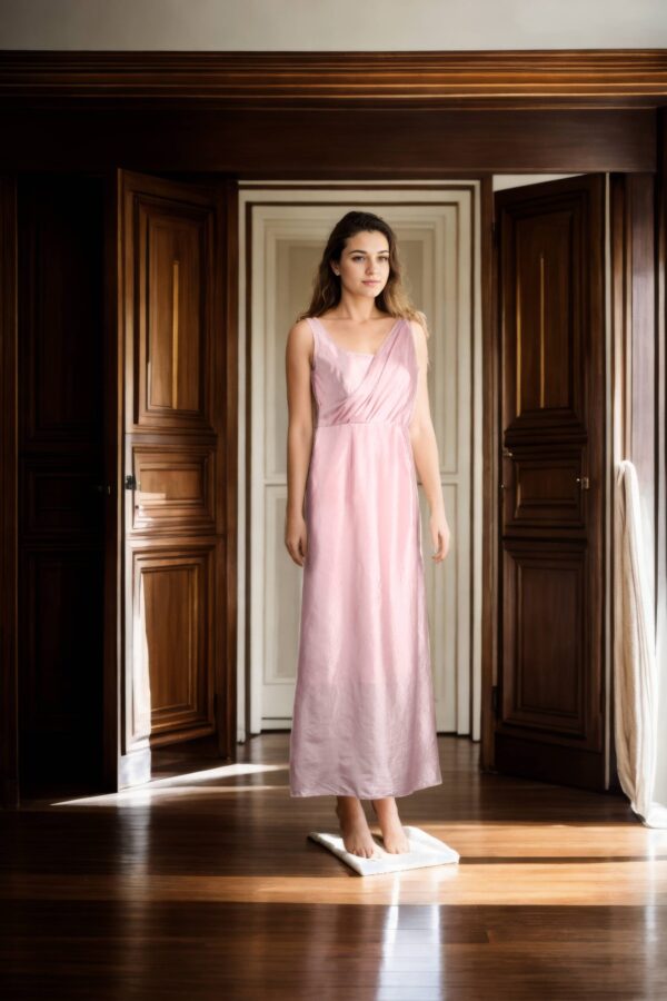 Stylish Baby Pink Silk Western Dress with Front Drape Design, Sleeveless Silhouette, Round Neckline & Princess-Cut Detailing - Image 4