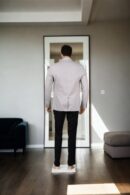 Ash Grey Suiting Blazer with Notch Lapel Collar, Double-Button Closure, Flap & Chest Welt Pockets, Attached Lining, and Double-Vented Back Hem