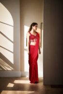 Glamorous Red Satin Readymade Drape Saree with Net Sequin Work Corset Strap Blouse & Sweetheart Neckline - Perfect for Weddings & Evening Events