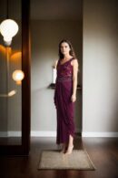 Dhoti Style Gown with Sequin Work on Upper Part and One-Shoulder Pleated Aari Work on Both Shoulders - Elegant Party Wear