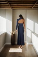 Black Stretchable Bodycon Dress with Unique Neckline, One-Sleeve, and Full Sleeves - Modern Chic Dress for Evening Wear