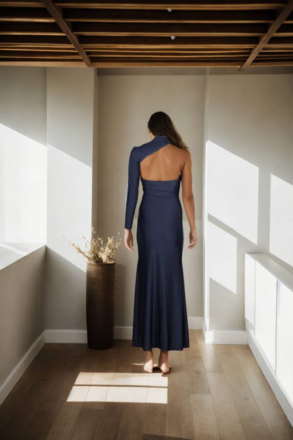 Black Stretchable Bodycon Dress with Unique Neckline, One-Sleeve, and Full Sleeves - Modern Chic Dress for Evening Wear - Image 3