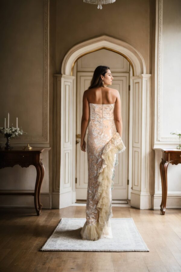 Creamish Strapless Bodycon Dress with Back Opening and Side High-Low Net Frills - Elegant Party Wear - Image 3