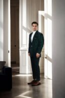 Solid Velvet Green Slim-Fit Blazer - One-Button Closure with Gold Button Detail, Chest & Side Flap Pockets, Full Sleeves & Padded Shoulders