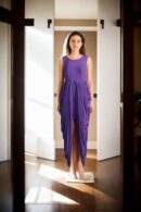 Stylish Purple Stretchable Dress with Dhoti-Style Drape - Sleeveless Round Neckline Dress for Parties and Contemporary Events