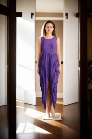 Stylish Purple Stretchable Dress with Dhoti-Style Drape - Sleeveless Round Neckline Dress for Parties and Contemporary Events