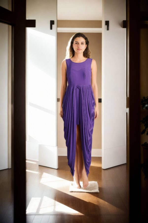 Stylish Purple Stretchable Dress with Dhoti-Style Drape - Sleeveless Round Neckline Dress for Parties and Contemporary Events