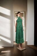 Elegant Green Georgette Western Gown with Gold Sequins, Light Embroidery Work & Halter Neck Design - Perfect for Glamorous Evenings & Special Occasions