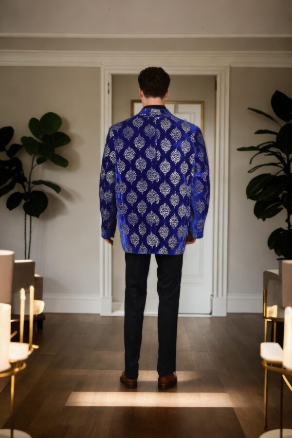 Luxurious Royal Blue Velvet Blazer with Zari Motif Design, Notched Lapel, Full Sleeves & Three Pockets ? Perfect for Elegant & Formal Events - Image 3