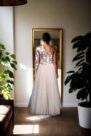Luxurious Peach Full-Length One-Shoulder Gown with Sequin Embroidered Top & Full Sleeves - Perfect for Elegant Evenings & Special Occasions