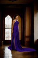 Elegant Purple Georgette Halter Neck Long Train Flying Dress - Pleated Sleeveless Design for Photoshoots & Santorini Vibes