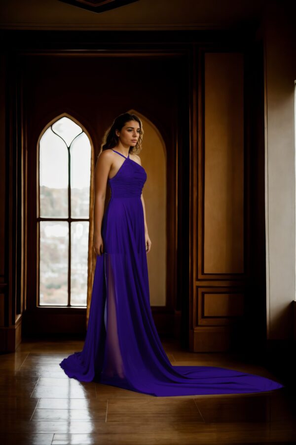 Elegant Purple Georgette Halter Neck Long Train Flying Dress - Pleated Sleeveless Design for Photoshoots & Santorini Vibes - Image 5