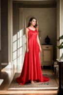 Long High-Low Satin Gown with Tilted V-Neck Padded Top and Back Zip Opening - Sophisticated Evening Wear