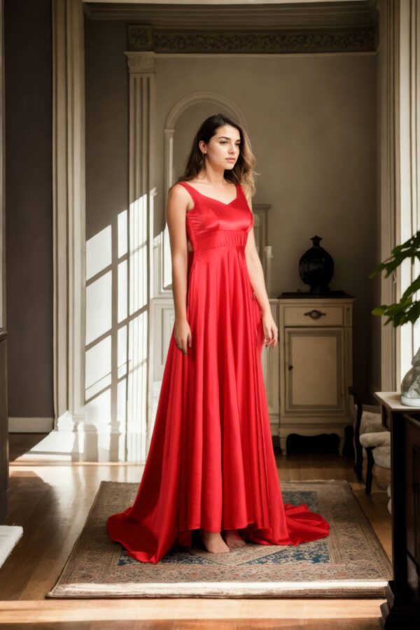 Long High-Low Satin Gown with Tilted V-Neck Padded Top and Back Zip Opening - Sophisticated Evening Wear - Image 4
