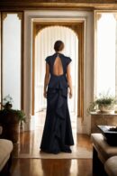 Black Polyester Bodycon Dress with Ruffled Fancy Neck, Back Zip, Collar Band, and Cap Sleeves - Stylish Evening Wear