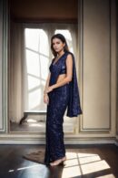 Glamorous Navy Blue Full Sequin Readymade Drape Saree with Sweetheart Neckline Beaded Blouse - Perfect for Weddings & Evening Events