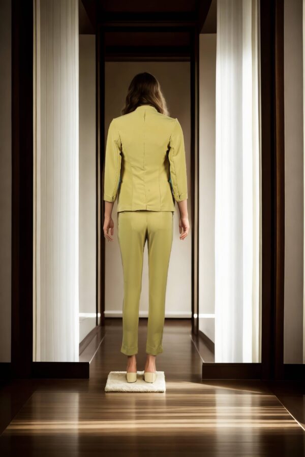 Luxurious Mustard Suiting Fabric Women's Straight Leg Pant & Shawl Collar Blazer with Full Sleeves and 3 Welt Pockets - Perfect for Stylish & Formal Occasions - Image 3