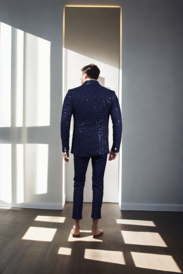 Luxurious Navy Blue Mink Fabric Suit with Sequin Net Front - Perfect for Weddings & Gala Events - Image 3