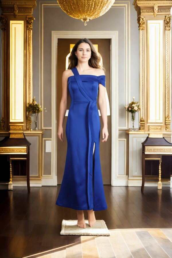 Long Cobalt Blue Dress with Side Slit, Asymmetric Shoulder Pattern, and Back Zip Opening - Elegant Evening Wear