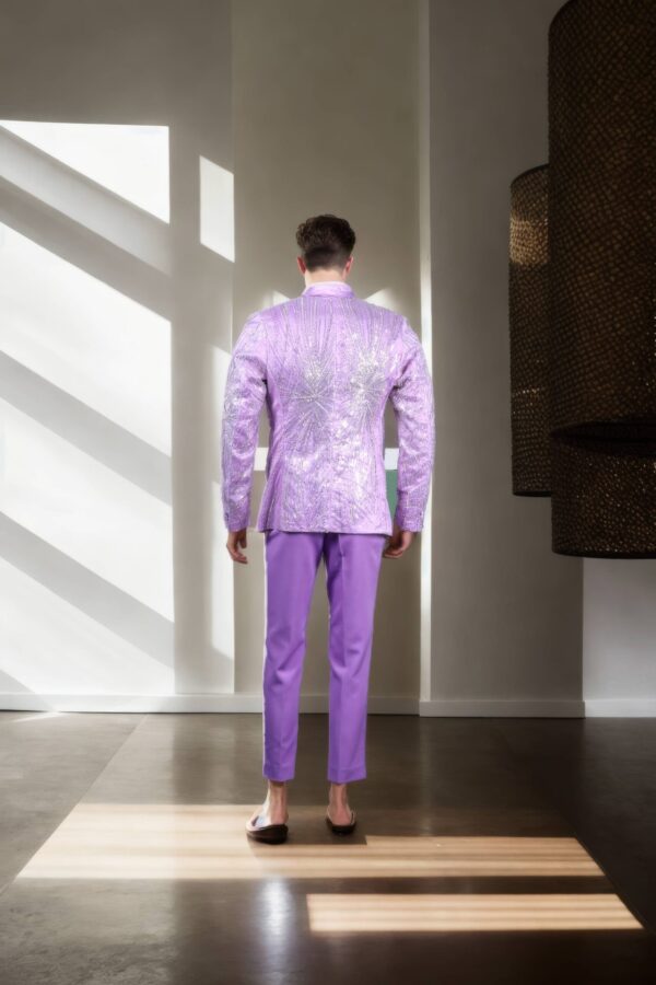 Light Purple Net Suit with Beads & Sequin Work - Silk Satin Peak Lapel Collar, Full Sleeves & A-Line Pants - Image 3