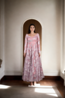 Heavy Pink Net Long Gown with Self-Thread & Sequin Floral Work - Sweetheart Neckline & Full Sleeves
