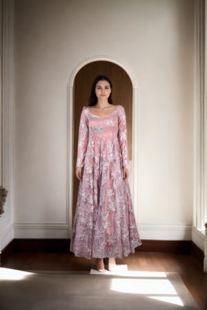 Heavy Pink Net Long Gown with Self-Thread & Sequin Floral Work - Sweetheart Neckline & Full Sleeves