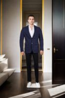 Navy Blue Linen Slim-Fit Formal Suit with Geometric Design, Notched Lapel Collar, Full Sleeves, and Formal Pants