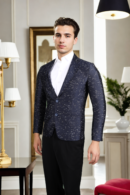 Mens Solid Navy Blue Slim-Fit Pique Fabric Blazer with Notch Lapel & Flat Knit - Timeless Elegance