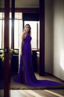 Elegant Purple Georgette Halter Neck Long Train Flying Dress - Pleated Sleeveless Design for Photoshoots & Santorini Vibes