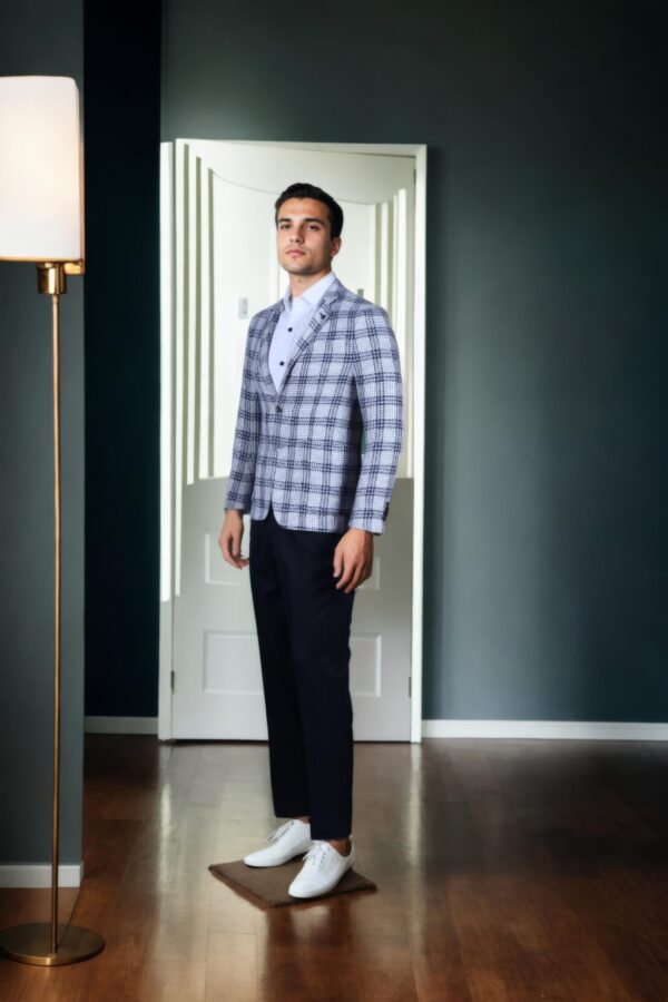 Grey Wool-Blend Checkered Blazer for Men ? Notched Lapel, Single-Breasted with Button-Up Closure & Two Pockets - Image 4