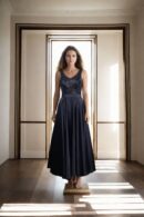 Black Satin Sleeveless Gown with Sequin Detailing, V-Neckline, and Satin Belt - Elegant Evening Wear