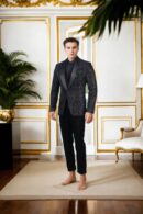 Luxurious Black Velvet Suit Set with Self-Embroidery & Sequin Design, Shawl Collar, Front Open Waistcoat & Formal Velvet Pants - Perfect for Elegant & Formal Occasions
