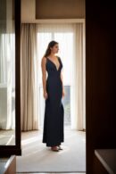 Black Crepecare Spaghetti Strap Deep V-Neck Sleeveless Long Western Dress  Elegant Evening Wear