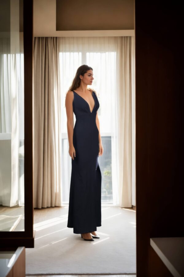 Black Crepecare Spaghetti Strap Deep V-Neck Sleeveless Long Western Dress  Elegant Evening Wear - Image 4