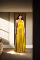 Yellow Satin Halter Neck Maxi Gown with Tie-Up Waist Detail Elegant Evening Wear
