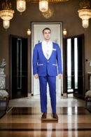 Boys' Blue Cotton-Polyester Slim-Fit 3-Piece Tuxedo - White Shawl Collar, Single-Breasted Blazer with Three Pockets, Full Sleeves & Double-Vented Back Hem