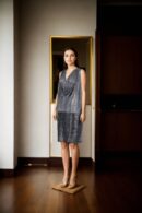Glamorous Silver Shimmer Lycra Western Gown with Cowl Neckline Design, Sleeveless & Knee Length - Perfect for Cocktail Parties & Special Events