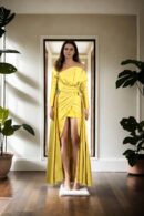 Stunning Yellow Silk Western Gown with Short Length, Draping & Pleated Design, Full Sleeves, Off-Shoulder, and Long Trail Details - Perfect for Glamorous Evenings & Special Occasions