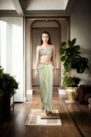 Charming Tinted Pista Silk Indo-Western Dress with Floral Embroidered Crop Top, Sequin Work, V-Neckline, Spaghetti Straps & Pleated Dhoti