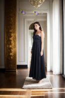 Black One-Shoulder Satin Gown with Side Zip Opening and Net Sleeve - Elegant Evening Wear