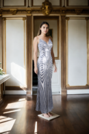 Cream Net Women's 2-Piece Set: Spaghetti Strap Bodycon Midi Dress with Long Sequin-Decorated Cardigan, Geometric Sequin Striped Pattern, Deep V-Neckline & Sleeveless - Chic Evening Wear