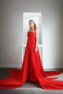 Elegant Red Silk Long Western Gown with Embellished Halter Neckline, Draped Design & Flowing Trail