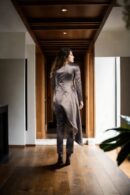 Chic Kendall Charcoal Satin High-Low Overlap Set with Sequined One-Shoulder Top & Plain Pants - Perfect for Formal & Evening Events