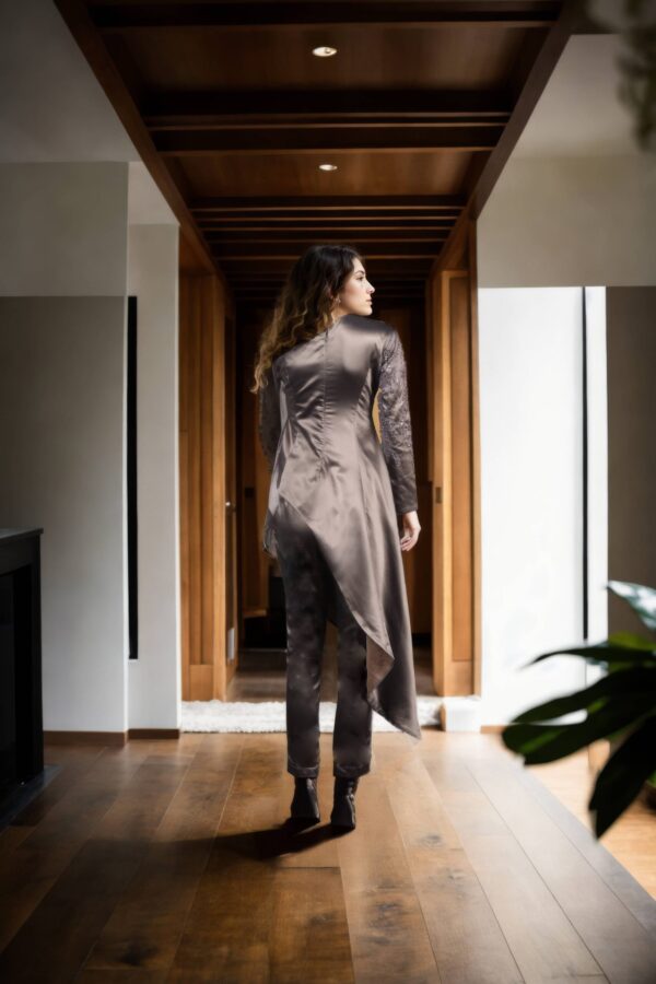Chic Kendall Charcoal Satin High-Low Overlap Set with Sequined One-Shoulder Top & Plain Pants - Perfect for Formal & Evening Events - Image 3