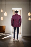 Maroon Twill Weave Slim-Fit Casual Blazer with Black Leaf Motif Design - Shawl Collar, Single-Button Closure & Double Vent