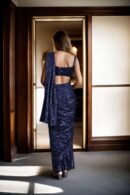Glamorous Navy Blue Full Sequin Readymade Drape Saree with Sweetheart Neckline Beaded Blouse - Perfect for Weddings & Evening Events