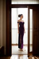 Velvet Off-Shoulder Front Side Slit Gown with Back Zip Opening - Elegant Evening Wear