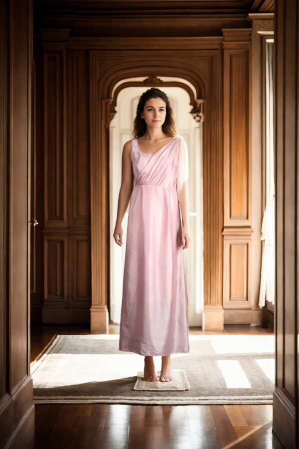 Stylish Baby Pink Silk Western Dress with Front Drape Design, Sleeveless Silhouette, Round Neckline & Princess-Cut Detailing