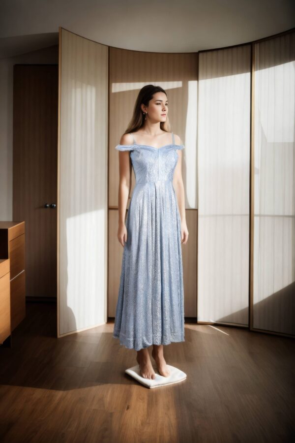 Silver Solid Shimmer Crushed Tissue Off-Shoulder A-Line Gown - Elegant Evening Wear - Image 4
